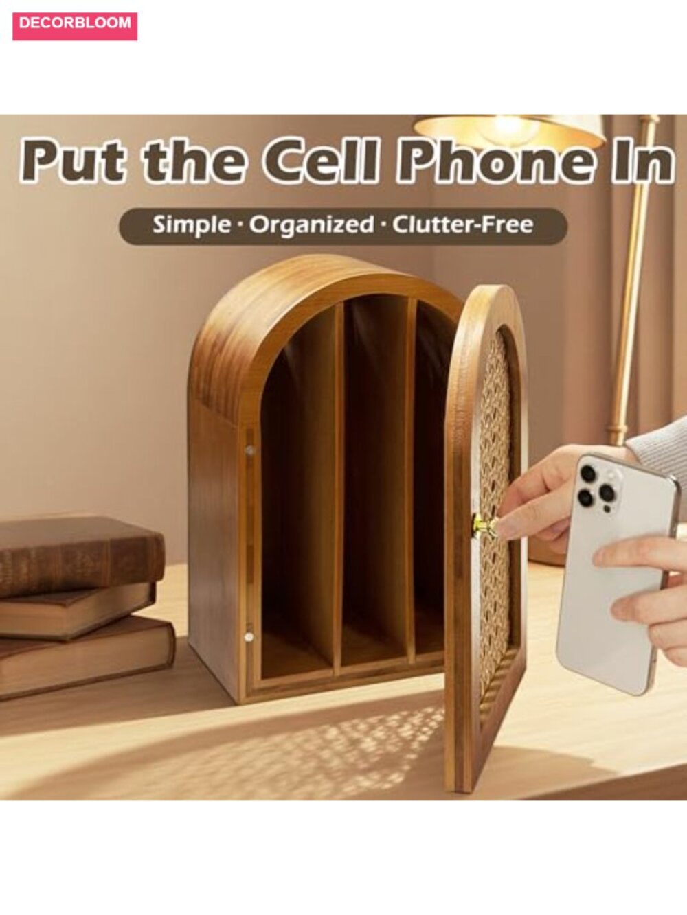 Bamboo Phone Box with Charging Holes, 6-Compartment Cell Phone Jail - Picture 5 of 5